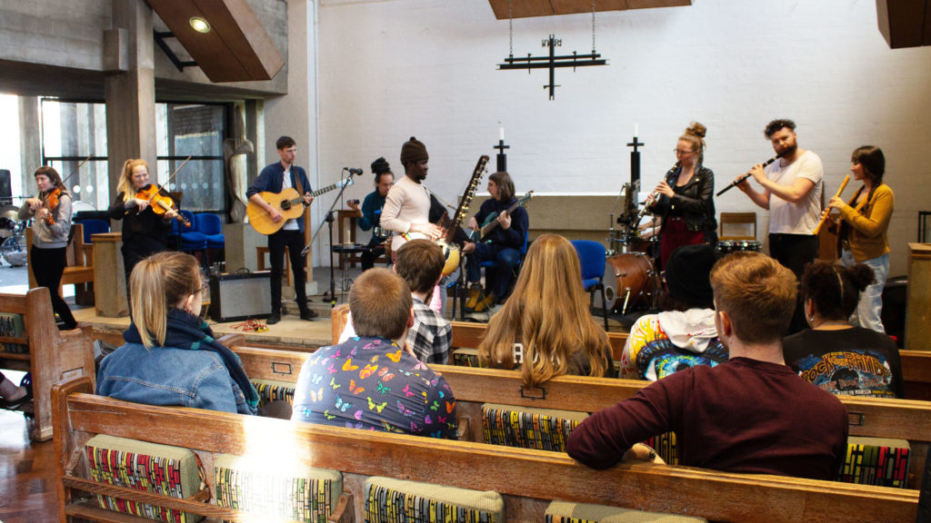 Varldens band perform at York St John University